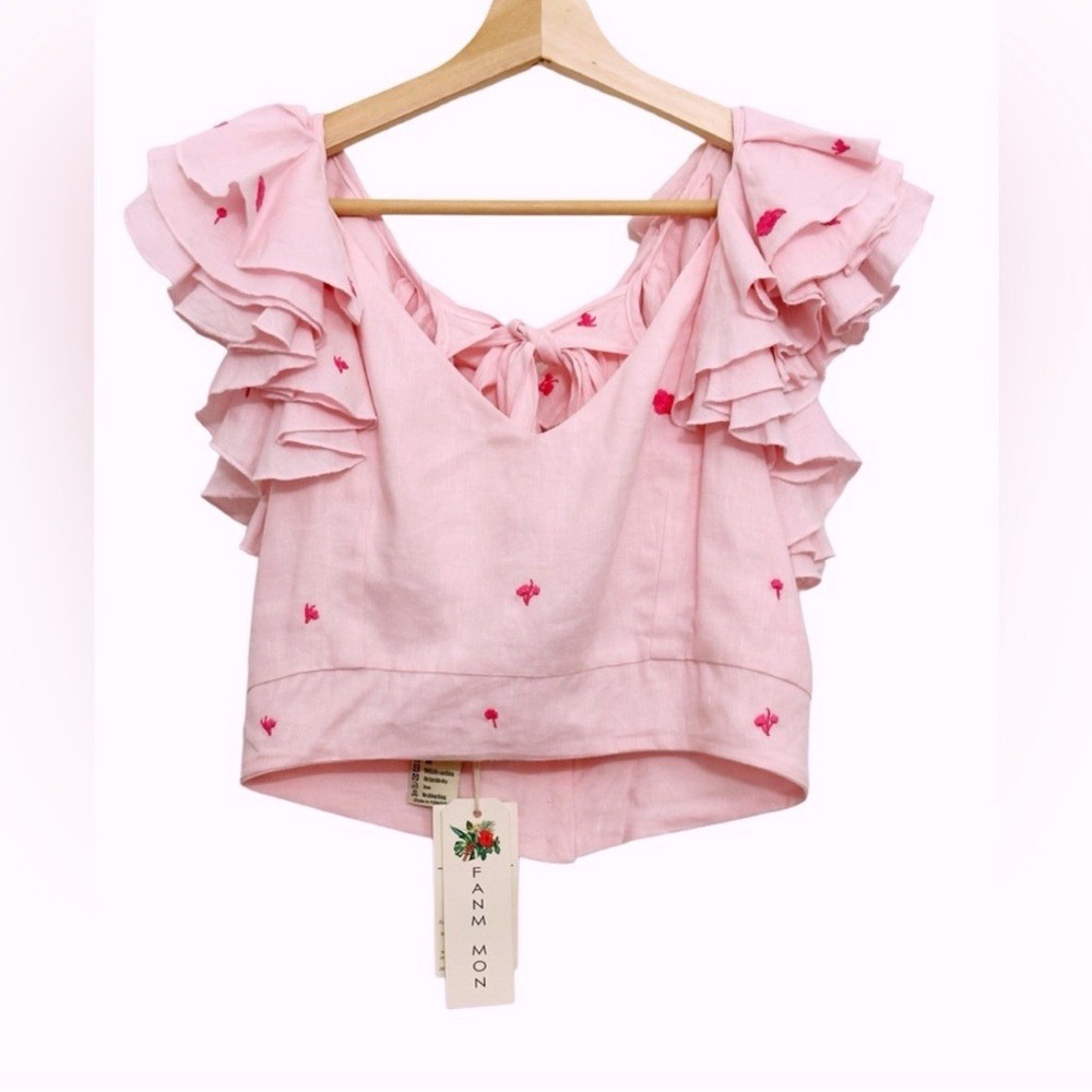 NWT FANM MON Anais Linen Ruffle Embroidered Crop Top in Light pink Size S - Picture 10 of 16